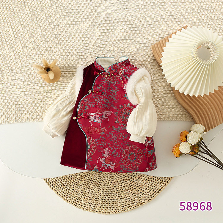 女童汉服连衣裙冬装儿童国风加绒旗袍唐装宝宝周岁礼服拜年服冬季