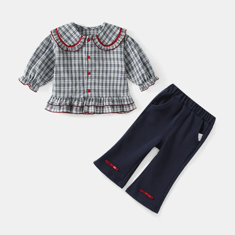 春新款女宝宝格纹翻领套装红边荷叶边长袖衬衫藏青喇叭裤儿童童装