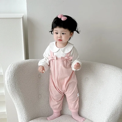 新生儿哈衣假两件背带爬爬服9053韩版刺绣婴儿连体衣哈衣服