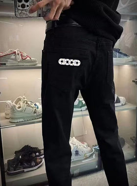 高端欧美潮牌黑色印花牛仔裤子男