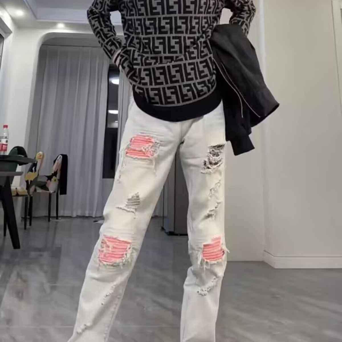 破洞补丁贴布潮牌牛仔裤高街美式
