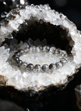 天然黑加仑聚宝盆水晶手链男女款黑超七圆珠手串云母片散珠子