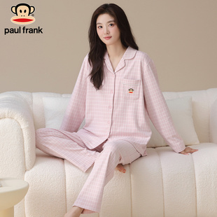 翻领睡衣套装 大嘴猴女士德绒磨毛休闲风家居服秋冬款 格子印花开衫