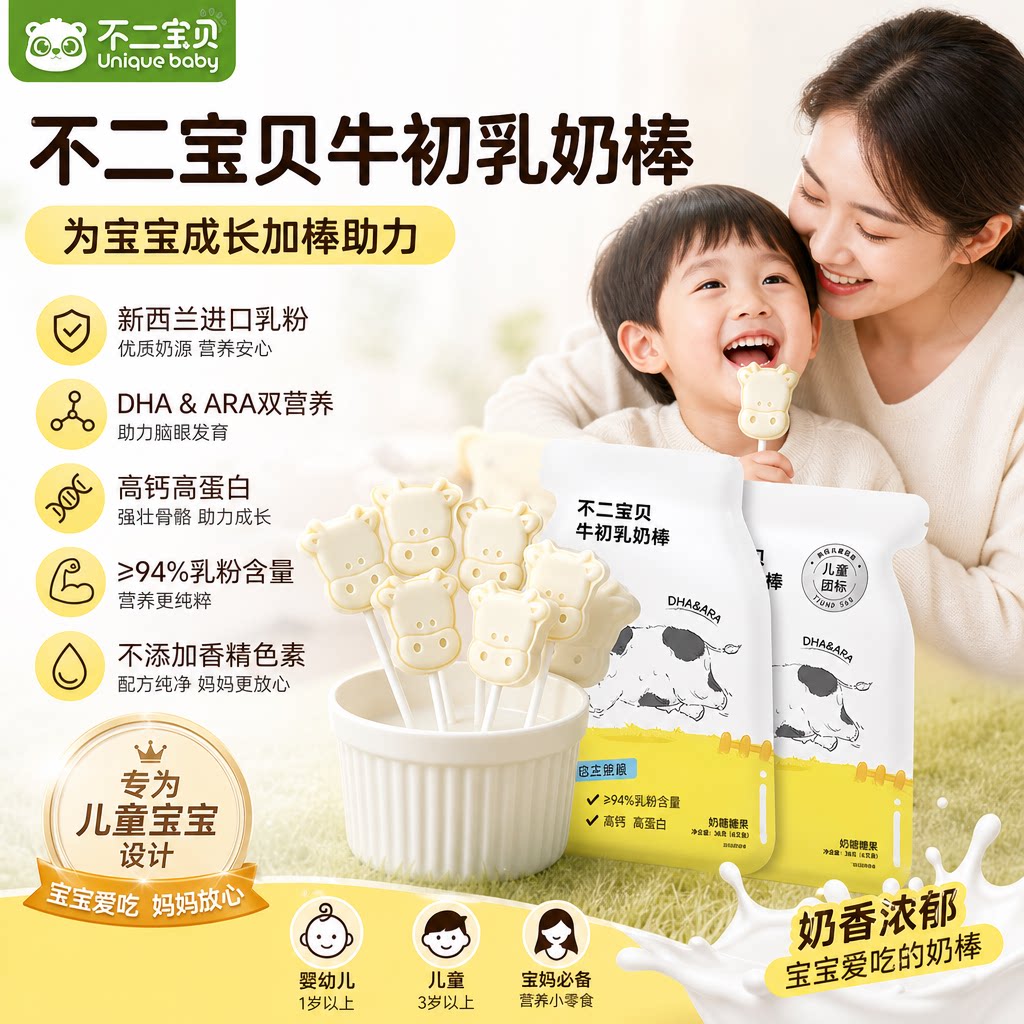 不二宝贝牛初乳奶棒宝宝高钙牛乳奶糖牛奶棒棒糖高蛋白无蔗糖零食