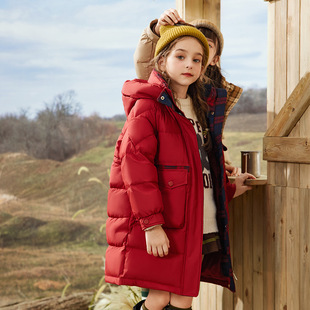 女童红色羽绒服2025新款儿童中长款大童女孩白鸭绒加厚外套过年服