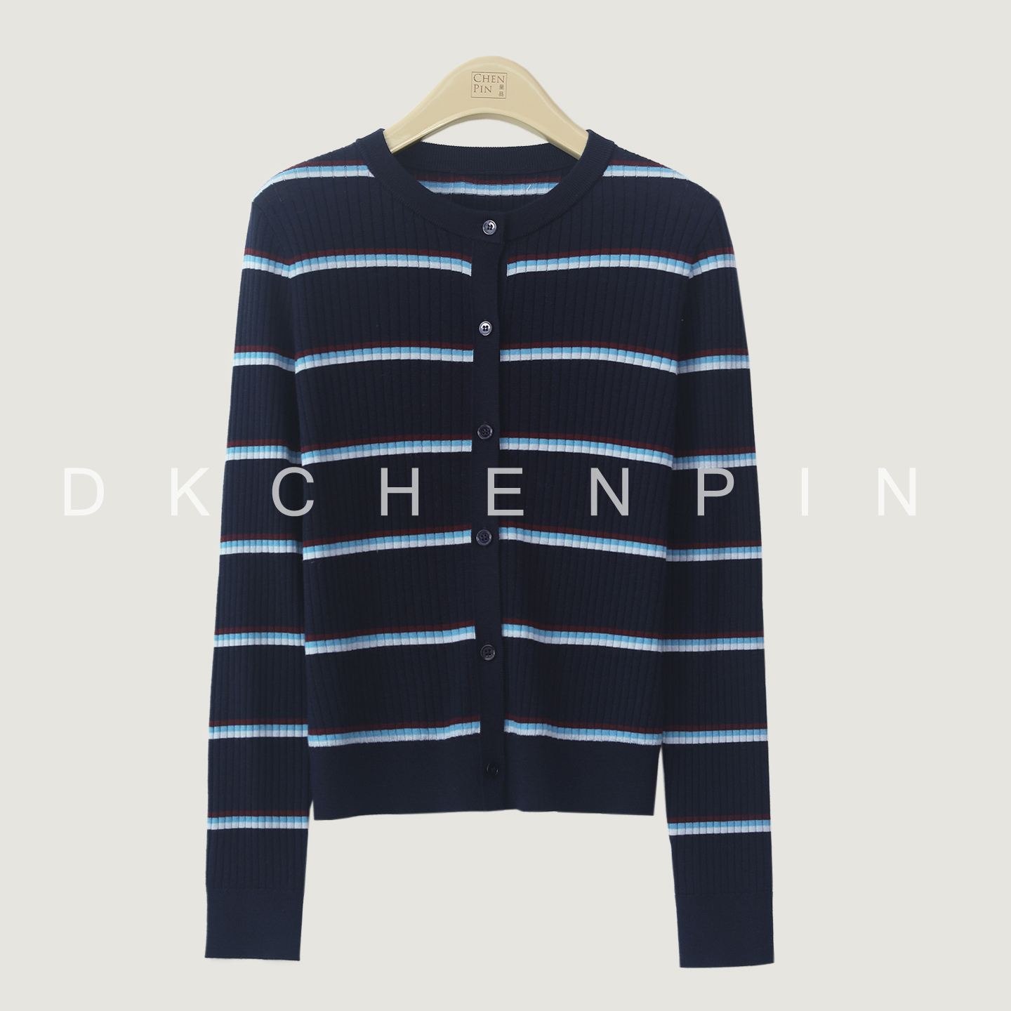 藏青色条纹撞色羊毛针织开衫