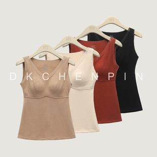 呈品含桑蚕丝羊绒自带胸垫蕾丝V领磨毛速暖保暖背心2025冬季 新款