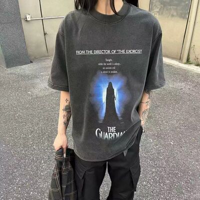 美式复古vintage水洗做旧短袖电影标语宽松cleanfit男女同款T恤