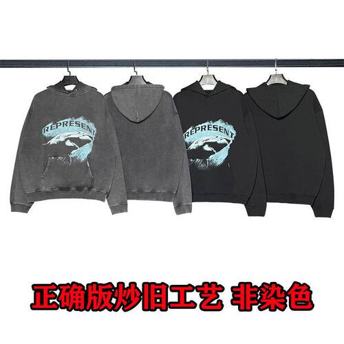 REPRESENT TRACK水洗鲨鱼卫衣做旧高街潮流情侣男女连帽衫