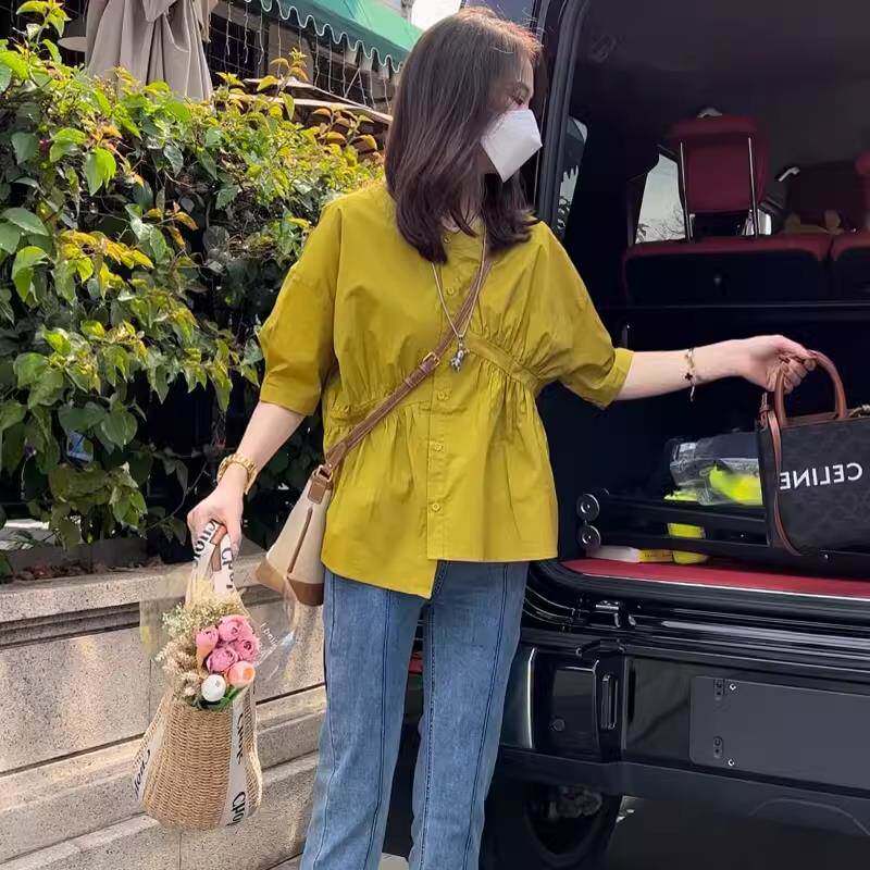 欧洲站白色衬衫女高级感轻奢时尚设计感不对称夏季百搭宽松娃娃衫