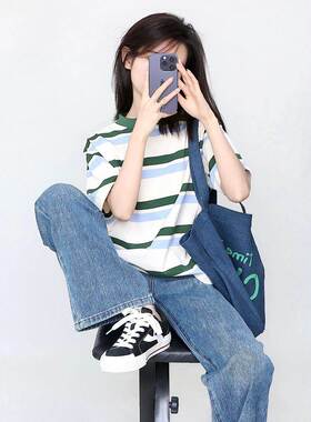 潮A42455牌大美式复古条纹夏正肩短袖t恤女季0226新款设计感小众