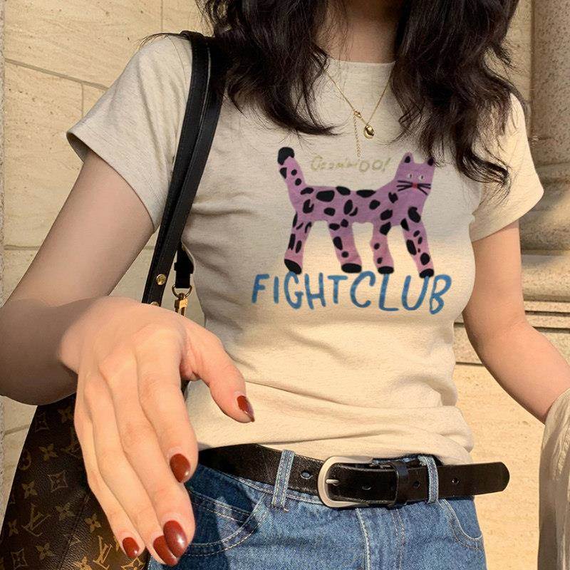 T0649短袖t恤紧女装身喵咪印花修辣正肩黑色身白妹色美式短款上衣