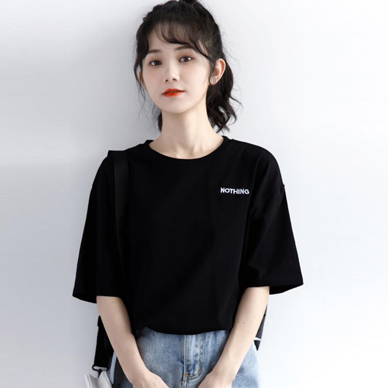 2025年夏季新款黑色短袖T恤女宽松字母刺绣体恤显瘦纯棉打底上衣