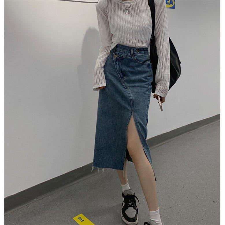 2设025春夏新款韩版计HYV感斜扣叉牛仔半身裙女质高开腰包臀中气