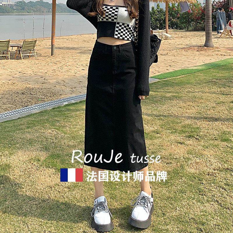 牛仔裙秋半身裙女0中长款裙子667411832显24新款冬开叉高腰a字裙