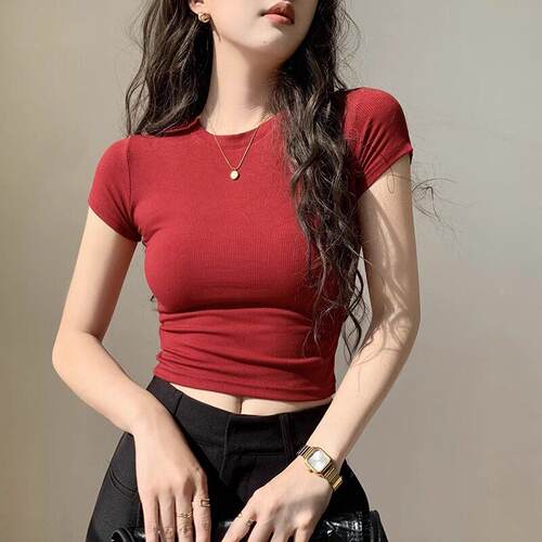 红色冰丝肩短袖T恤正女2025季L57507FL新款夏纯欲风辣妹脐紧身短