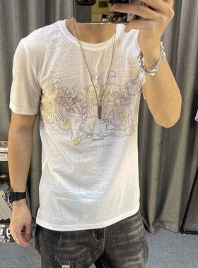 潮牌短袖上衣服夏季韩版宽松半袖T恤男卡通印花棉麻面料亚麻