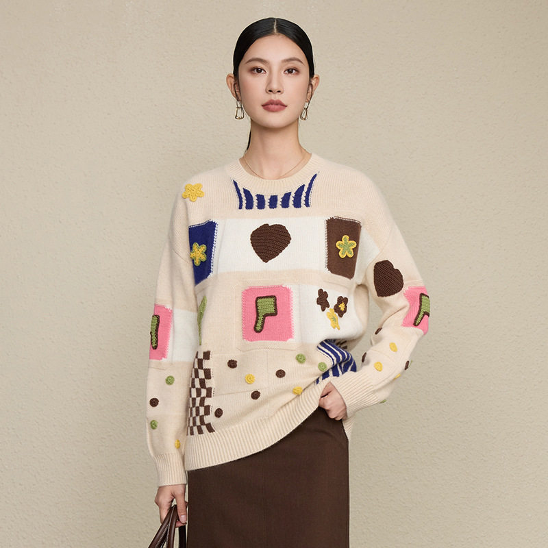 重工羊绒羊毛手工编织立体图案毛衣女套头秋冬加厚针织衫外穿打底