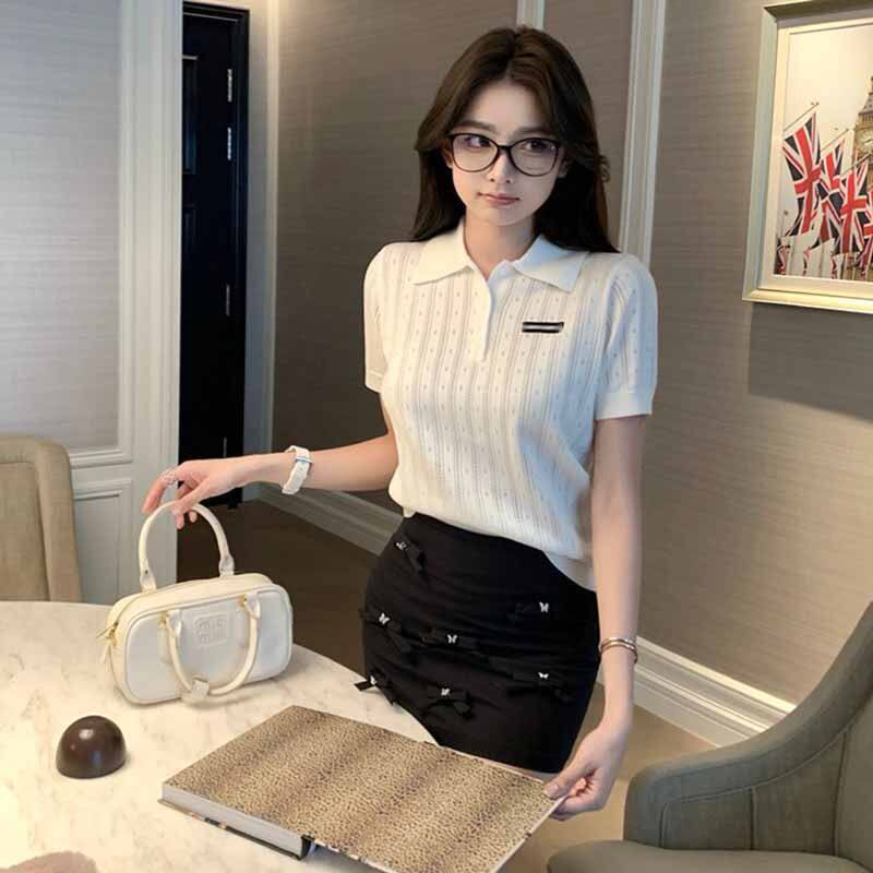 夏日穿搭麻花冰丝透气刺绣polo韩版新款洋气宽松甜美白色针织上衣