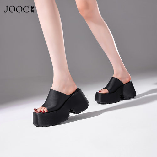 JOOC玖诗增高拖鞋女新款休闲百搭厚底凉拖女士外穿一字拖黑色7426
