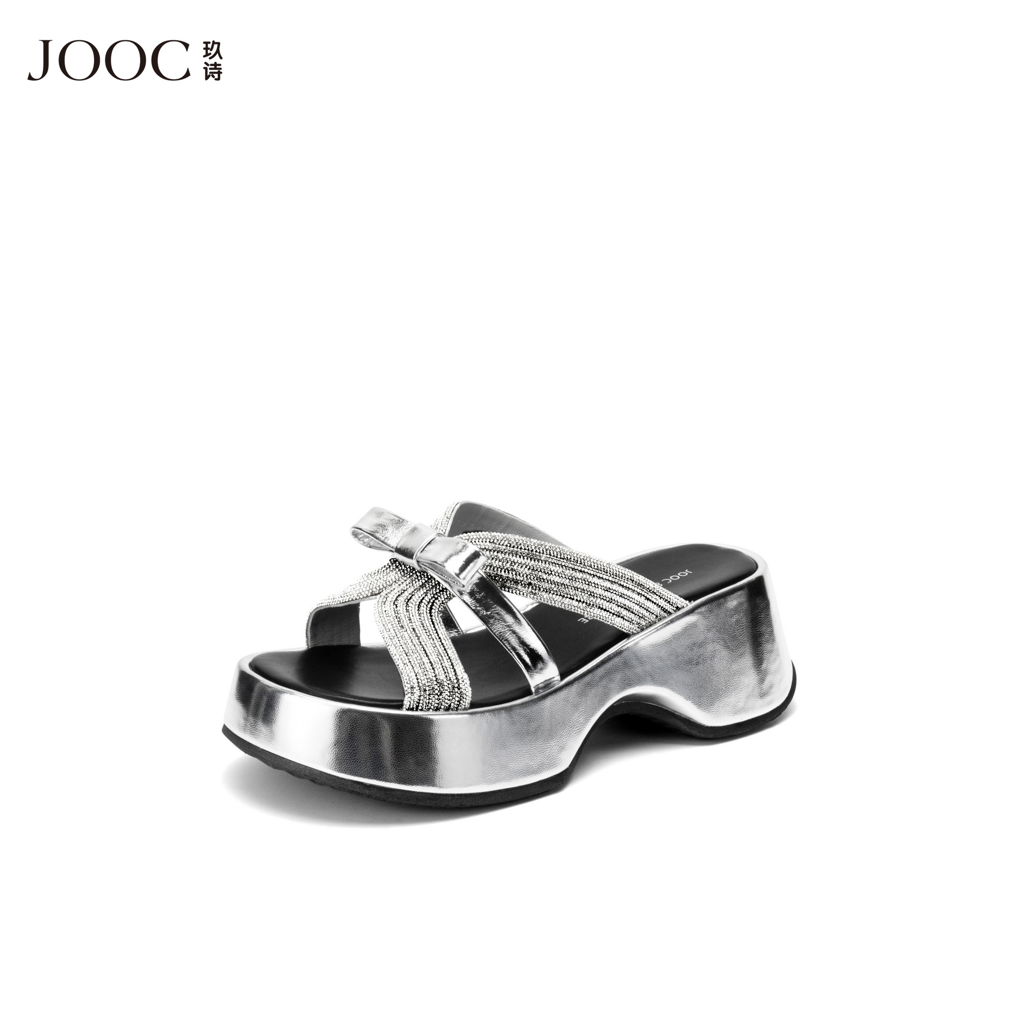 JOOC玖诗名媛烫钻露趾厚底凉拖女2026夏季新款外穿法式气质一字拖