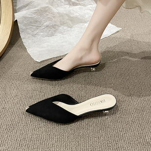 凉拖鞋 试衣穆勒鞋 女夏外出绒面尖头小跟低跟细跟高跟鞋 包头半拖鞋