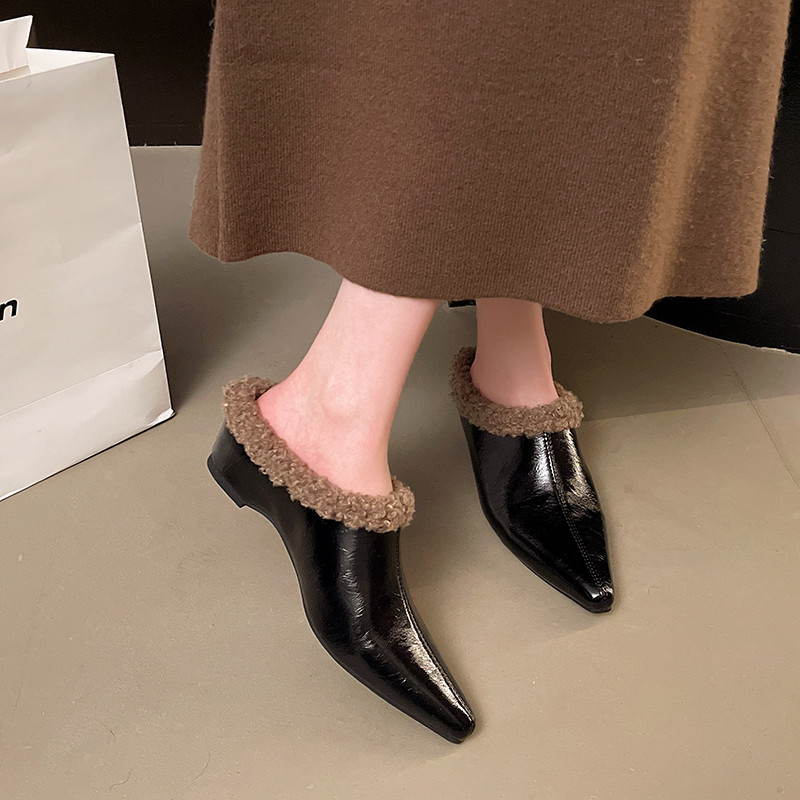 秋冬新款包头半拖鞋加绒保暖毛毛鞋尖头高跟鞋内增高试衣间棉拖鞋
