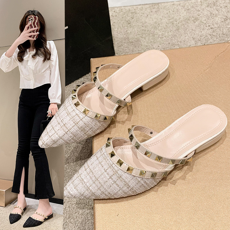 包头半拖鞋女夏外出穿时尚铆钉尖头粗跟低跟浅口穆勒鞋试衣凉拖鞋,女鞋,包头拖,淘宝优惠券,粉丝福利购,淘宝优惠卷