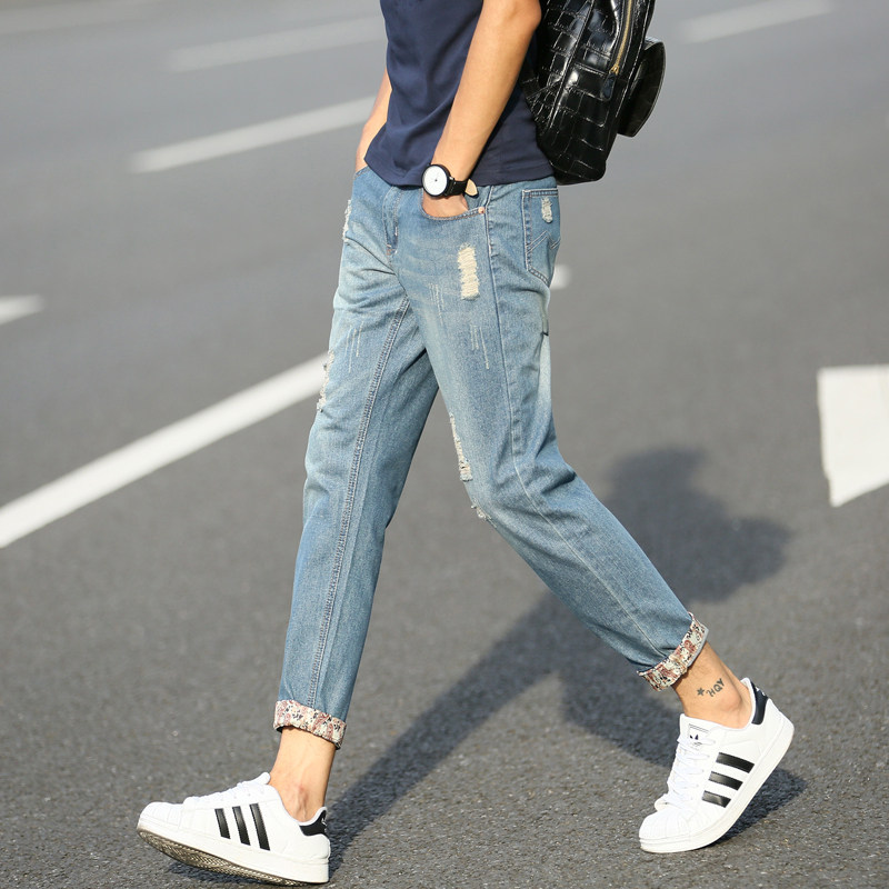 男生牛仔裤破洞九9分裤直筒小脚翻边裤子1218-931-P22，女装牛仔裤，星座205-2