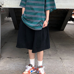 純韓版黑色大碼闊腿五分褲寬鬆直筒短褲休閒褲子女