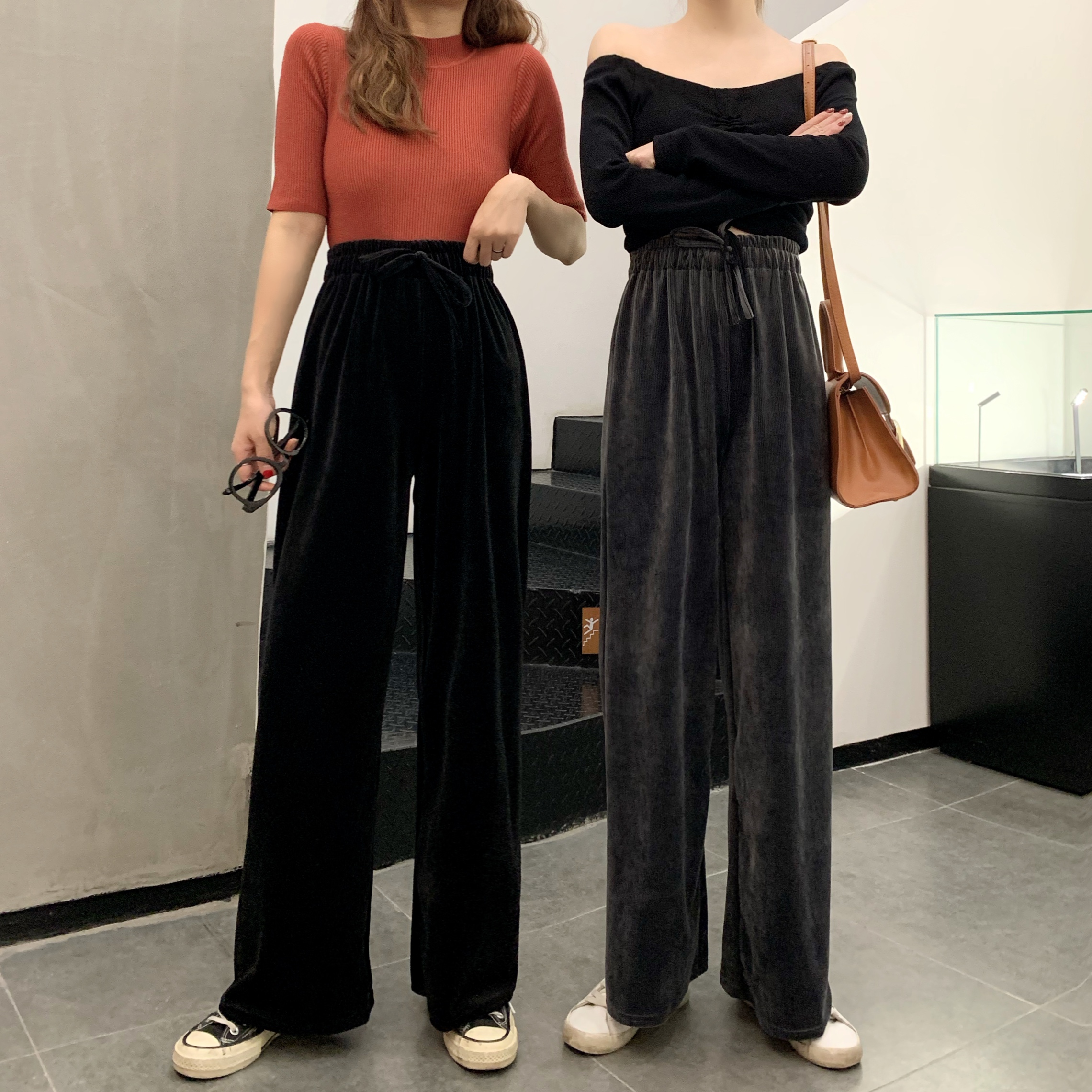 Real shot spring and autumn big size loose elastic waist high waist down velvet wide leg floor dragging casual pants