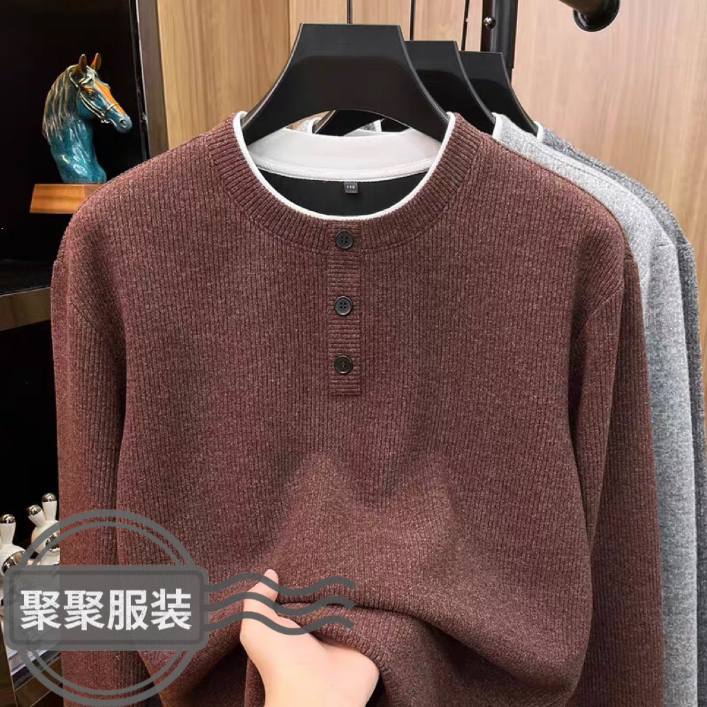 聚聚服装2026年秋冬季时尚爆款纽扣款套头针织衫百搭男款圆领长袖