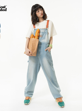 mostwantedlab刺绣logo水洗牛仔背带裤男春秋宽松美式工装裤女潮