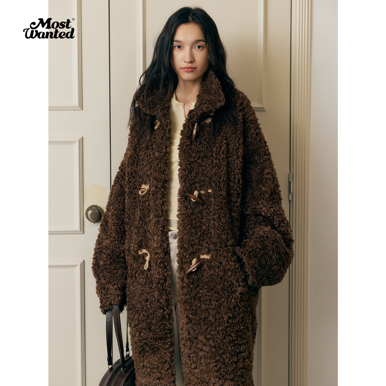 mostwantedlab牛角扣立领仿羊羔毛外套长大衣