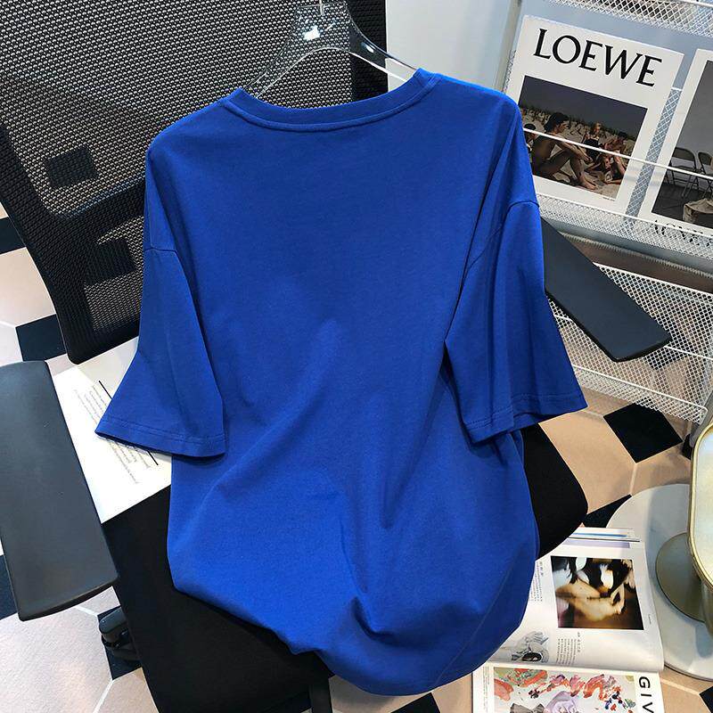 통관 카운터에서 유명 정통 제품의 마지막 주문을 철회했습니다 아메리칸 레트로 클라인 블루 문자 프린트 티셔츠 여성용