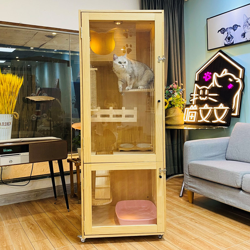 实木猫别墅猫猫舍猫展示柜双层三层大型猫咪宠物开门可爱猫砂猫窝