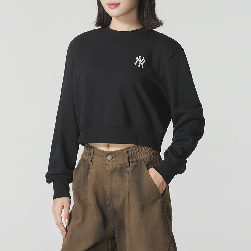 正品MLB纯色百搭简约LOGO学院风女款短款运动休闲卫衣套头衫FMTB