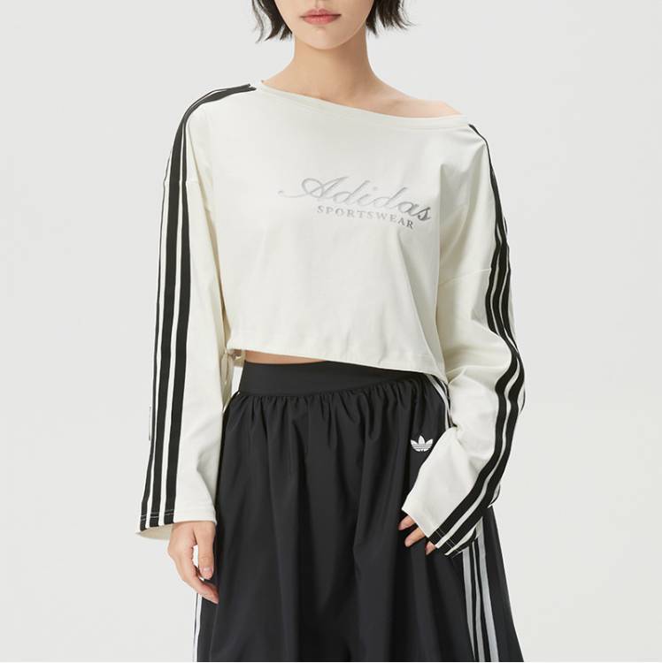 正品阿迪达斯三条纹大领口字母短款女装休闲长袖T恤套头衫KX8971