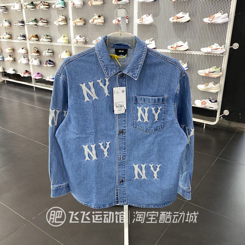 新款正品MLB翻领时尚百搭男女运动休闲牛仔长袖衬衫外套ADRG