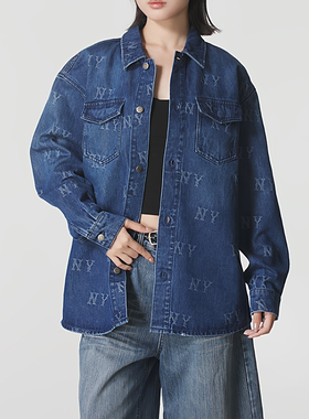 2025新款正品MLB老花满标LOGO宽松男女情侣休闲牛仔衬衫外套ADRB