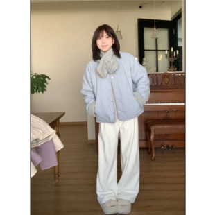 学生韩系复古条纹双面穿外套加围巾女2025冬季新款保暖百搭上衣潮