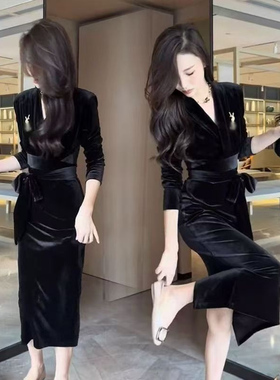 秋冬新款女装黑色气质高端小众连衣裙轻奢名媛赫本风丝绒晚礼服