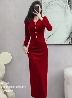 2023新款敬酒服新娘秋冬长袖丝绒订婚礼服连衣裙酒红色大气回门服