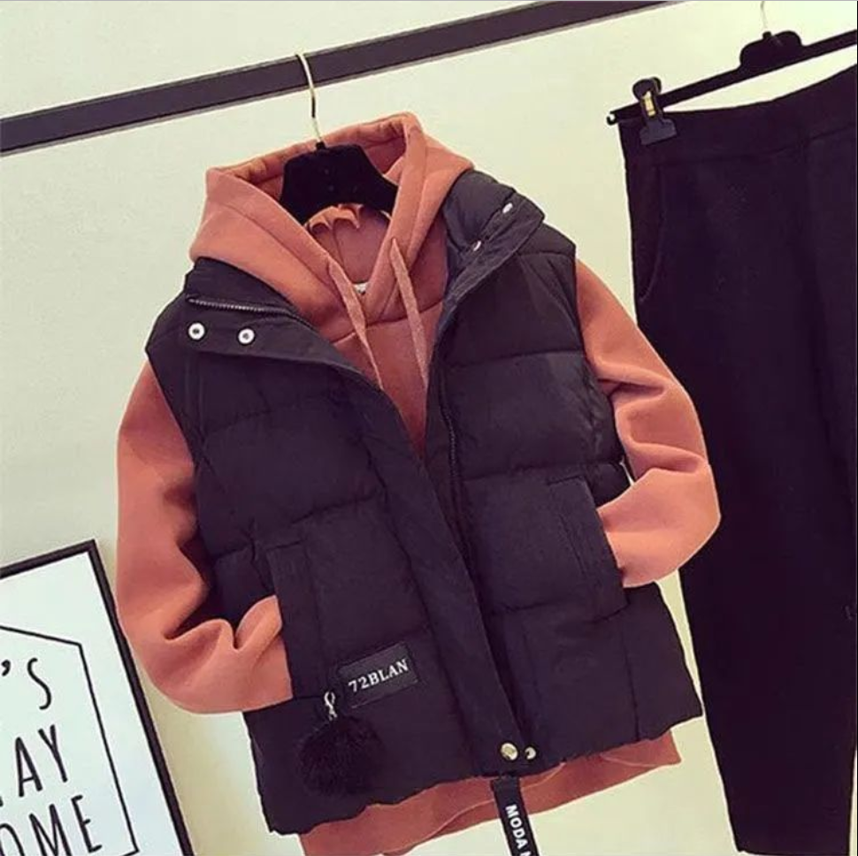 两件套/秋冬时尚套装女气质棉服马甲外套+韩版宽松加绒连帽卫衣潮
