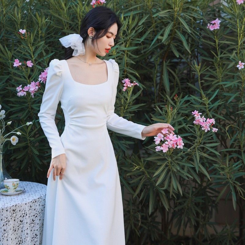 白色长袖连衣裙子女春秋2025夏新款小个子法式高级感初恋收腰长裙