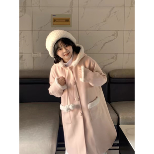 学院风粉色毛呢外套女秋冬新款小个子中长款宽松加厚连帽毛呢大衣