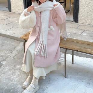 毛茸茸粉色羊羔毛拼接中长款大衣女冬宽松显瘦甜妹小个子毛呢外套