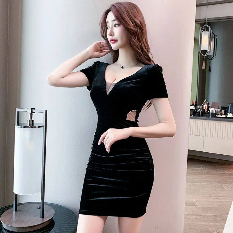 黑色气质紧身包臀短裙足浴工作服养生spa技师夜场性感显瘦连衣裙