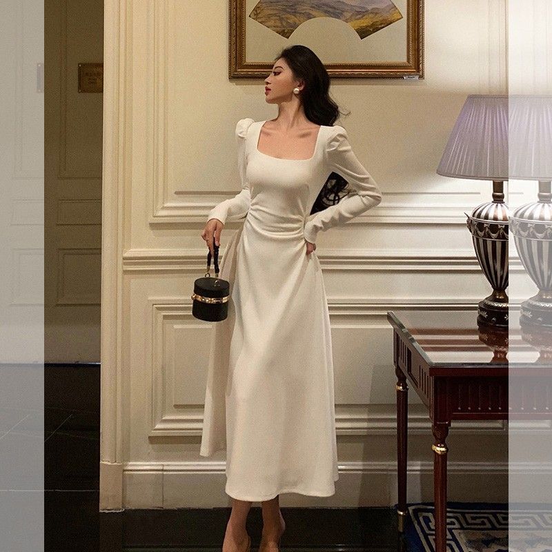 白色长袖连衣裙子女春秋2025夏新款小个子法式高级感初恋收腰长裙