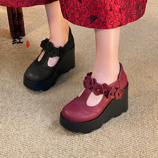 绣里红【绽放】春夏民族国风皮花朵复古真牛皮厚底坡跟增高女单鞋